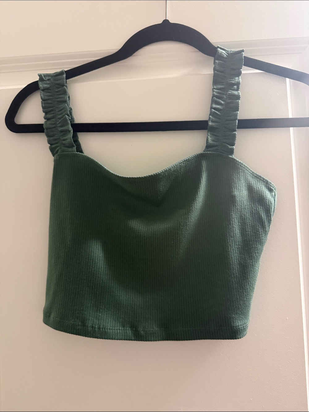 Aritzia Green Ribbed Square-Neck Crop Top with Ruched Straps